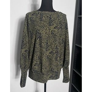 Melloday XL Olive & Navy Botanical Print Long Sleeve Blouse Top